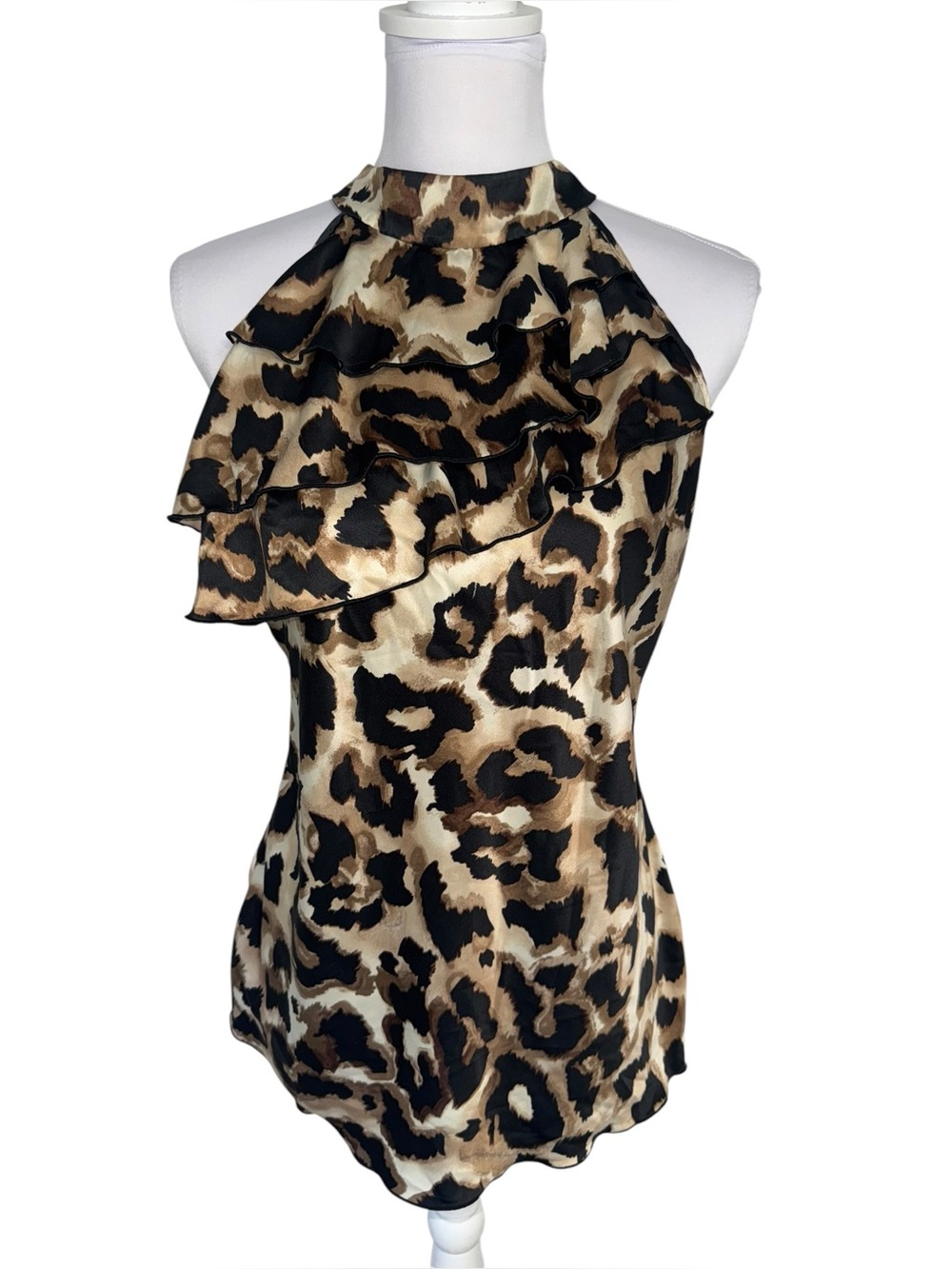 Y2K Maurices Leopard Print Ruffle Halter Top Satin Tie Back Sleeveless M‎ Diva